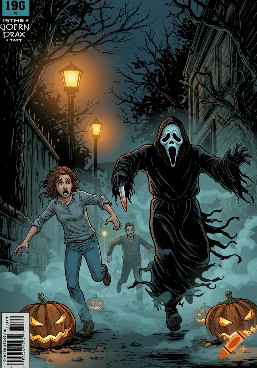 Comic book cover art: Ghostface from Scream chases a terrified woman and man through a fog-filled Halloween alley with jack-o'-lanterns.