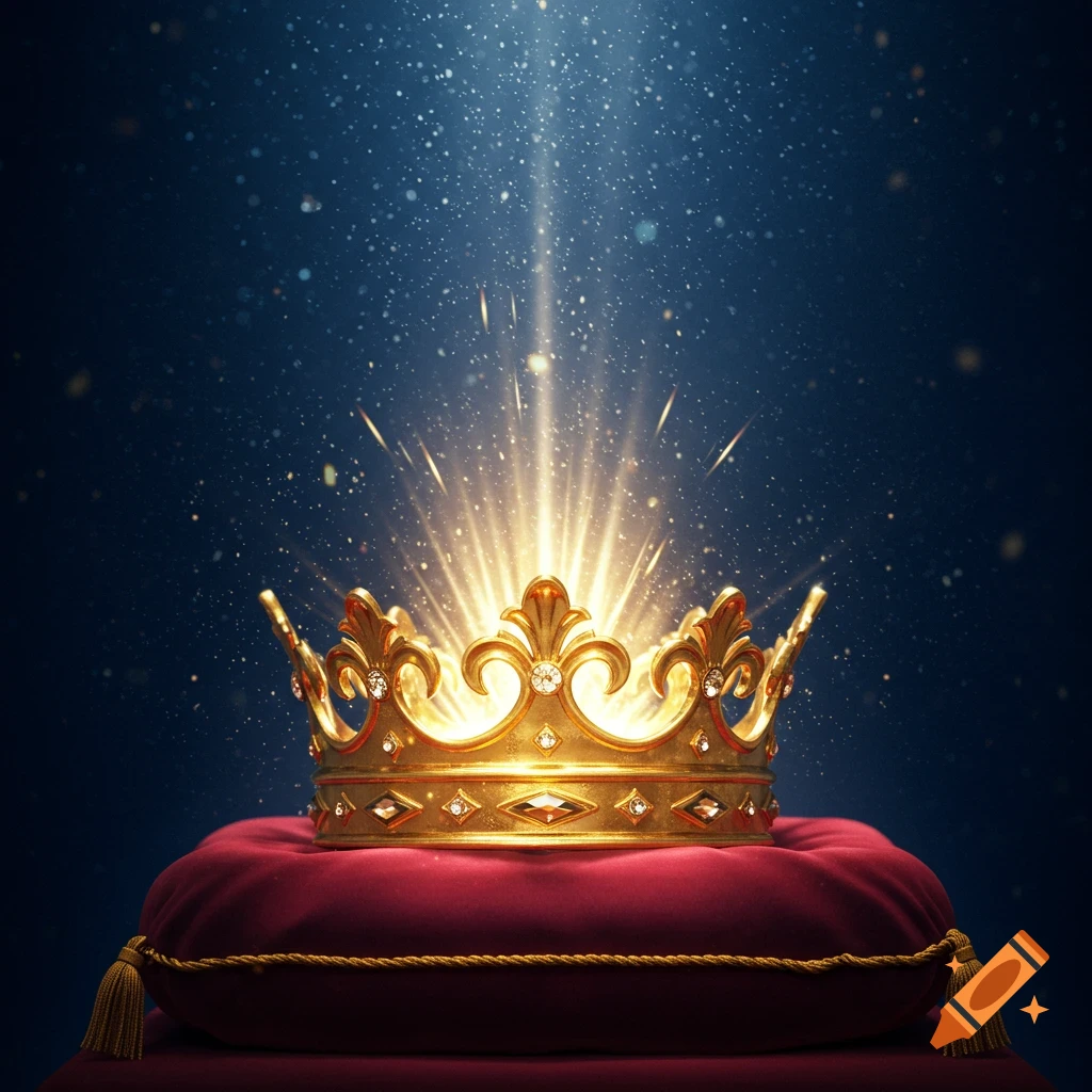 A golden, jeweled king's crown emitting bright light rests on a red velvet pillow against a starry blue background.