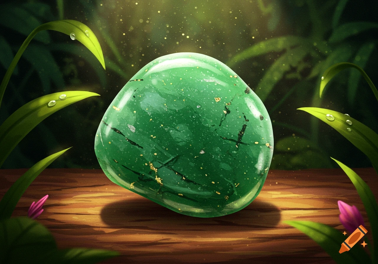 A shiny green aventurine gemstone with golden flecks rests on a wooden plank, surrounded by dewy green jungle leaves under dappled light.