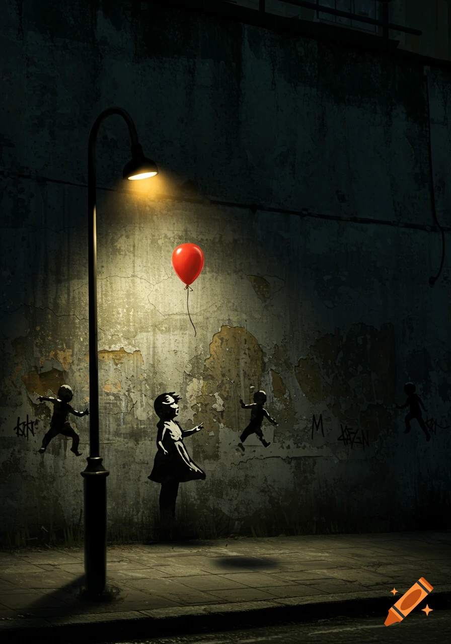 A stylized street art scene with a lamppost illuminating stenciled children on a grunge wall, one reaching for a bright red balloon.