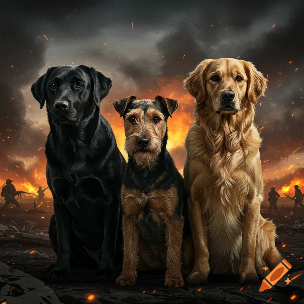 Three dogs, a black Labrador, a Wire Fox Terrier, and a Golden Retriever, sit calmly in a fiery war zone with silhouetted soldiers.