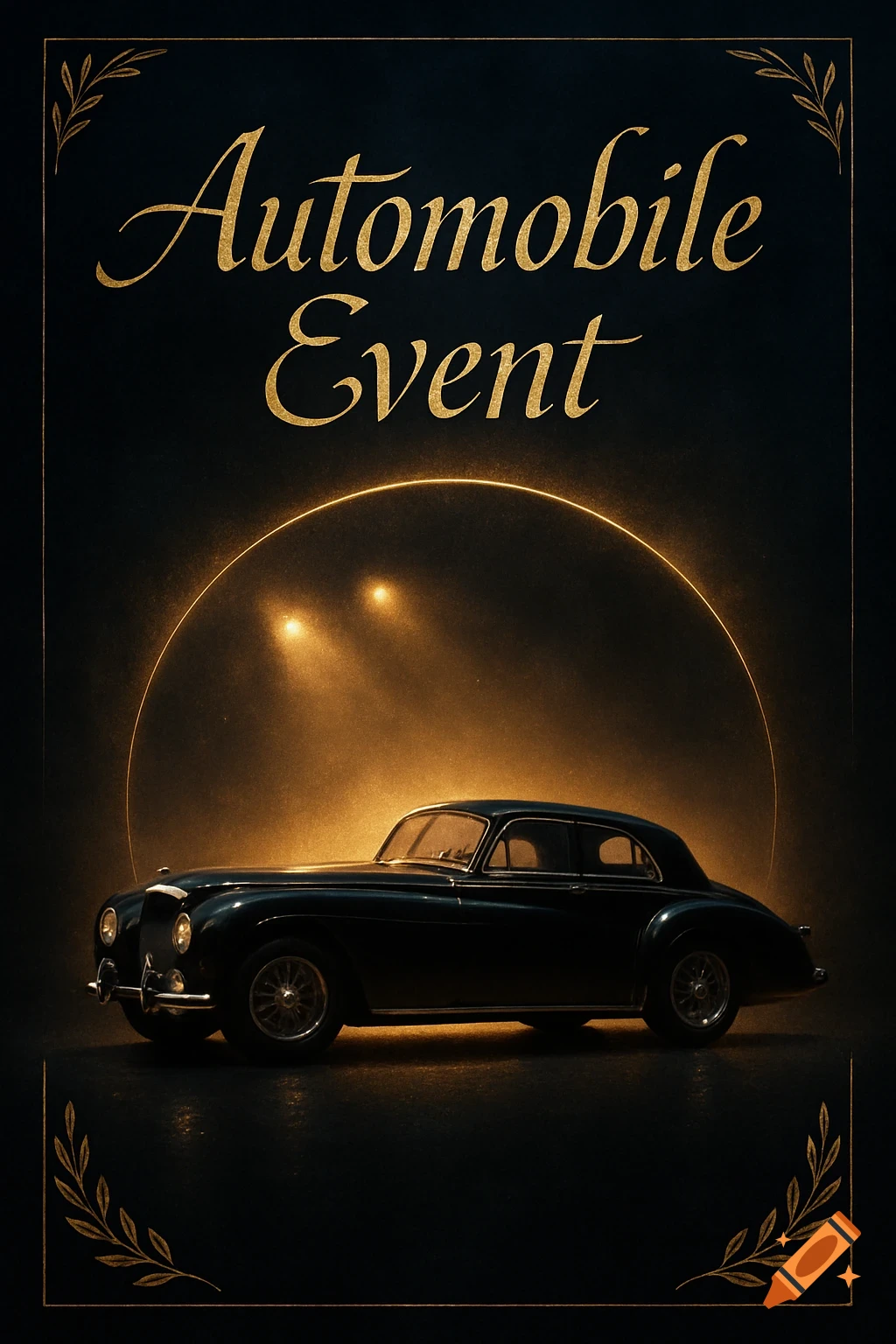 A dark poster features a vintage black car under golden lights with "Automobile Event" in script font and decorative borders.