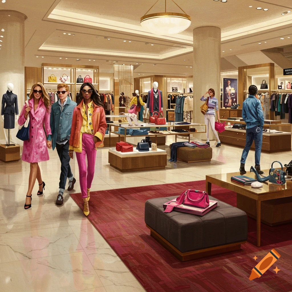 Stylish people walk through a brightly lit luxury department store with mannequins and colorful merchandise.