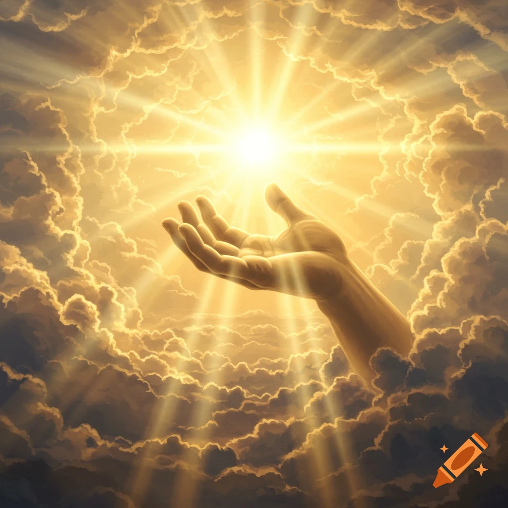 A hand reaches from glowing golden clouds towards a brilliant central light, depicting a divine or spiritual theme.