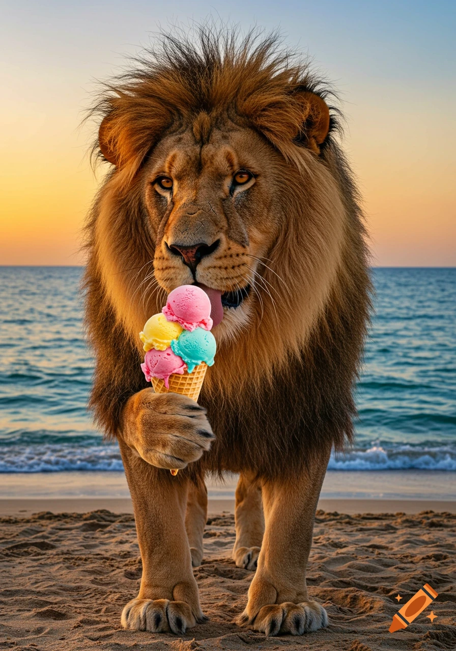A photorealistic lion stands on a sandy beach, licking a colorful ice cream cone, with the ocean and a sunset sky.
