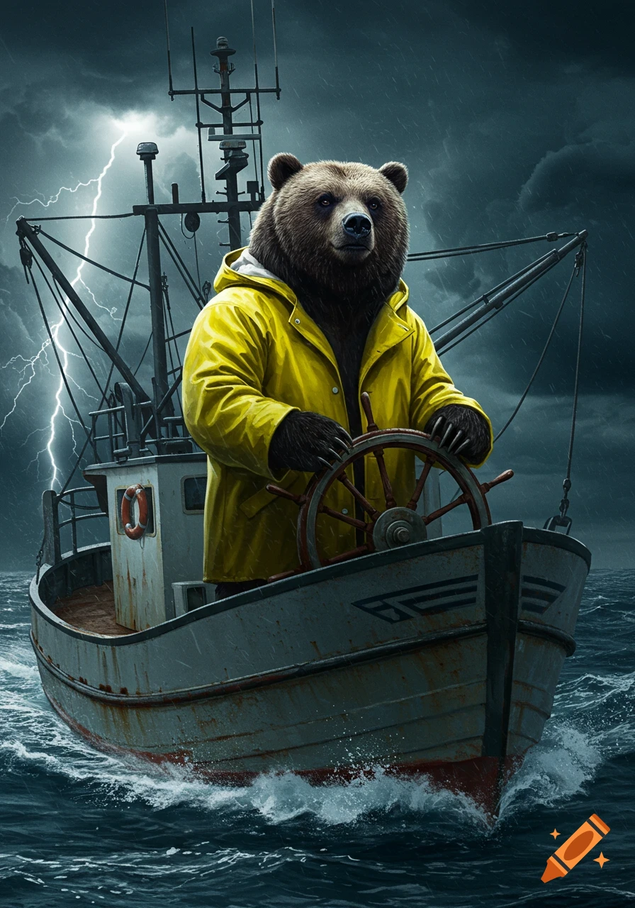 A anthropomorphic bear in a yellow raincoat captains a fishing boat through a stormy sea with lightning in the dark sky.