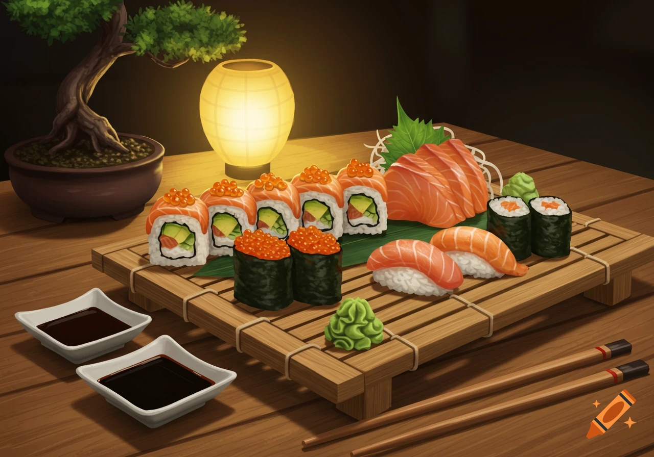 Stylized illustration of a vibrant sushi and sashimi platter on a wooden board, featuring maki rolls, nigiri, and salmon sashimi, with soy sauce and chopsticks.