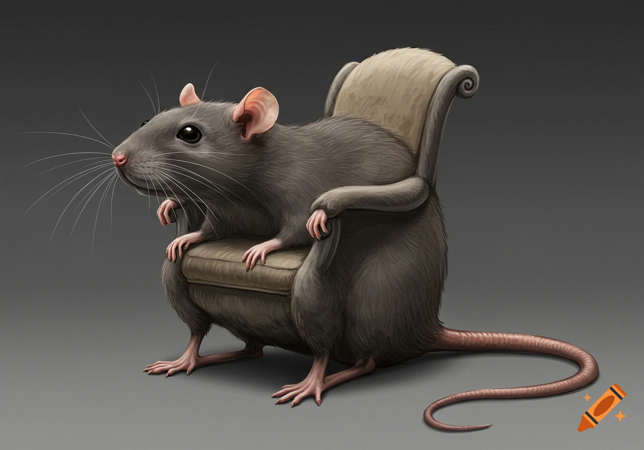 A detailed illustration of a rat's body seamlessly merging with an ornate chair, against a gray background.