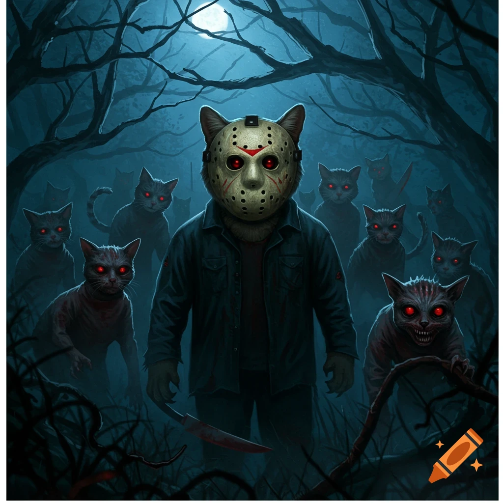 A menacing cat-like figure in a Jason Voorhees hockey mask stands in a dark forest, surrounded by cats with glowing red eyes, under a full moon.