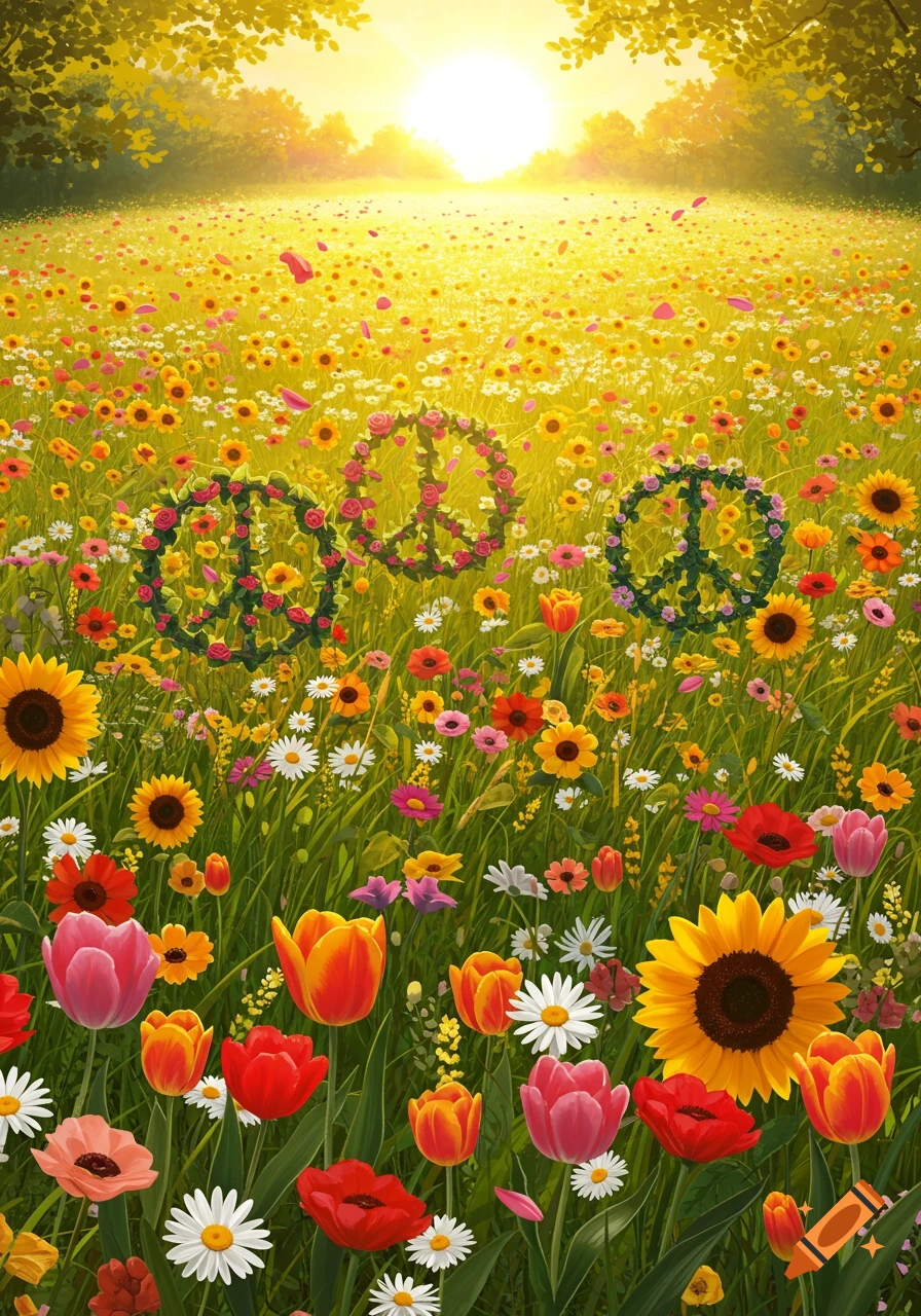 A vibrant field of colorful flowers under a bright sun, with three large peace signs made of flowers in the foreground.