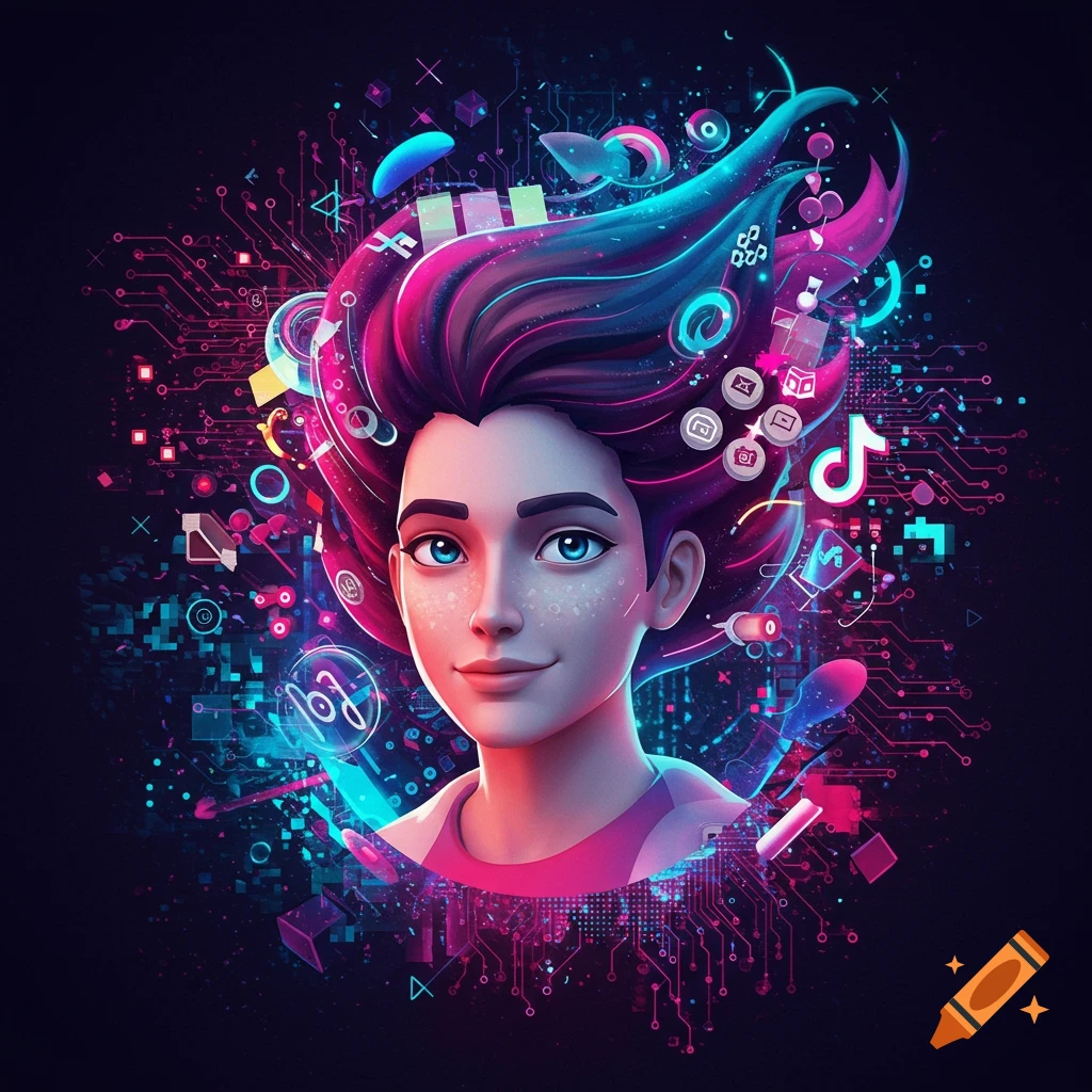 A stylized digital art portrait of a person with neon hair, surrounded by glowing circuit patterns and social media icons like TikTok.
