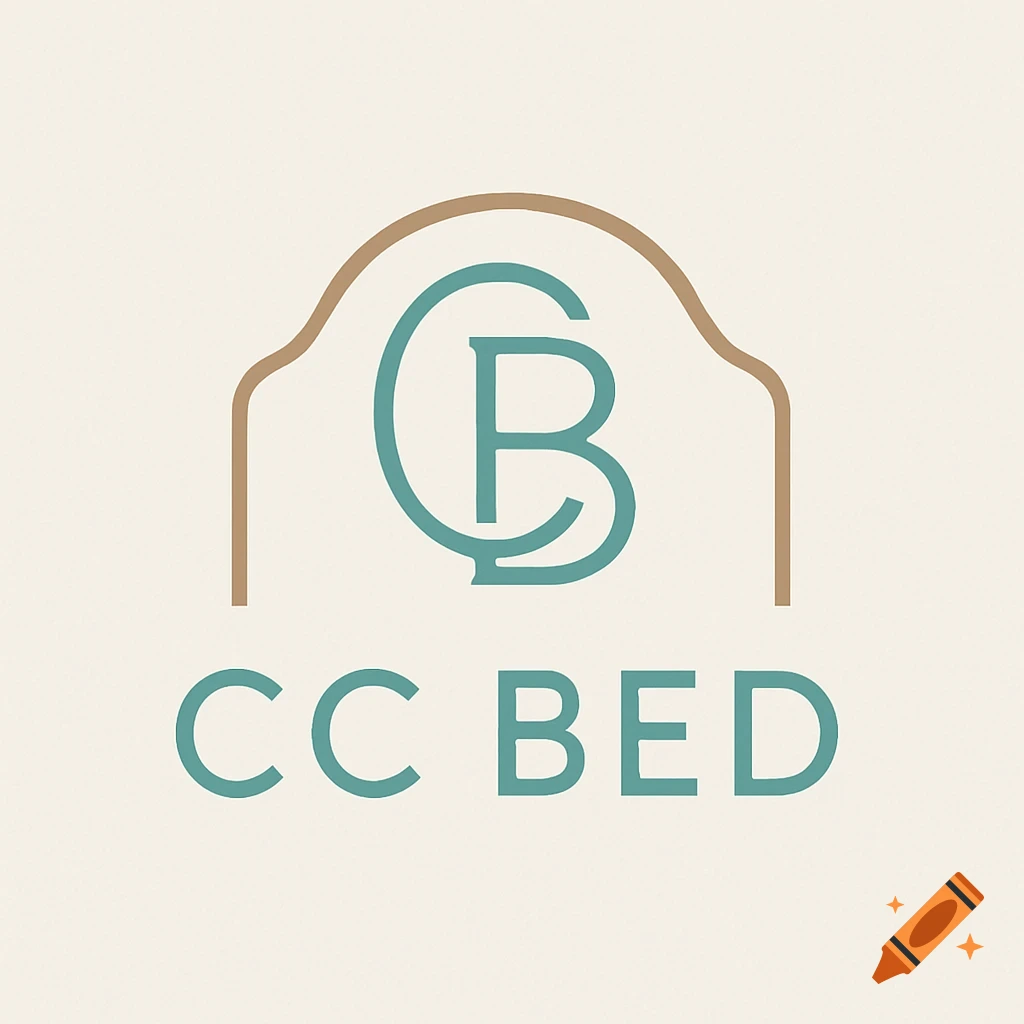 Minimalist logo for 'CC BED' with stylized teal letters 'CB' inside a brown arch.