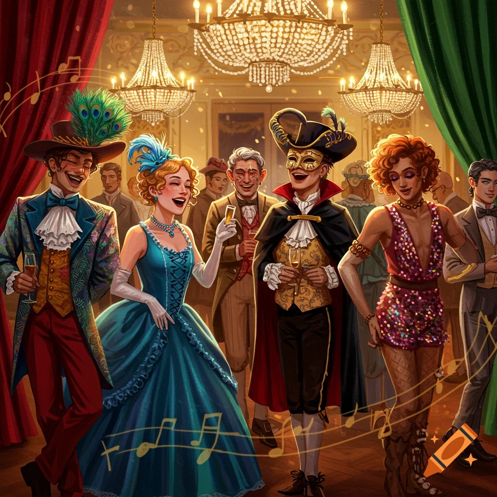 Lively masquerade ball with people in ornate costumes dancing under glittering chandeliers.