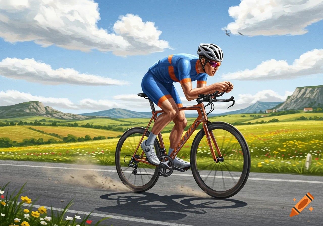 An illustration of a male cyclist riding a road bike on a scenic road through green fields and mountains under a blue sky.