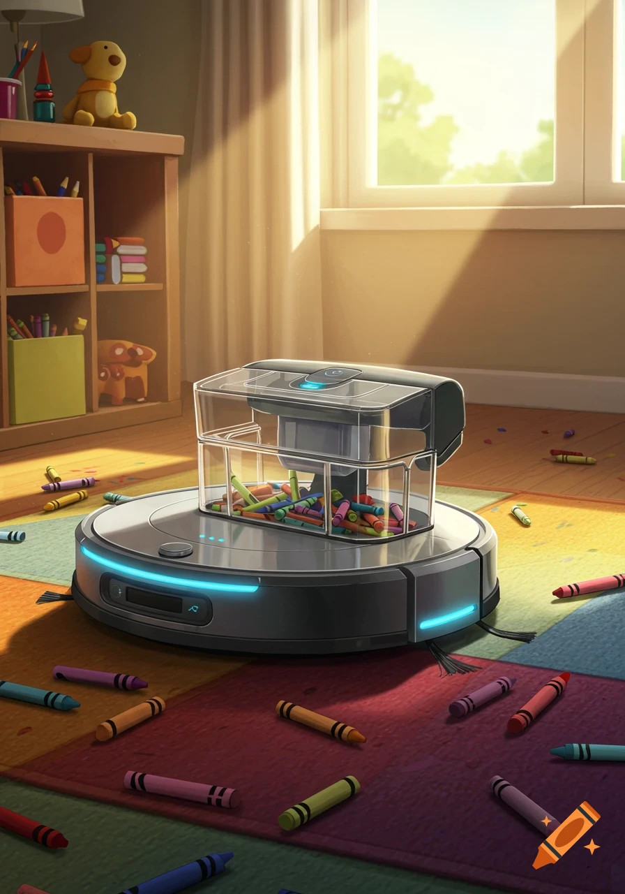 Robot vacuum cleaner with a container of crayons on a colorful rug in a child's room.