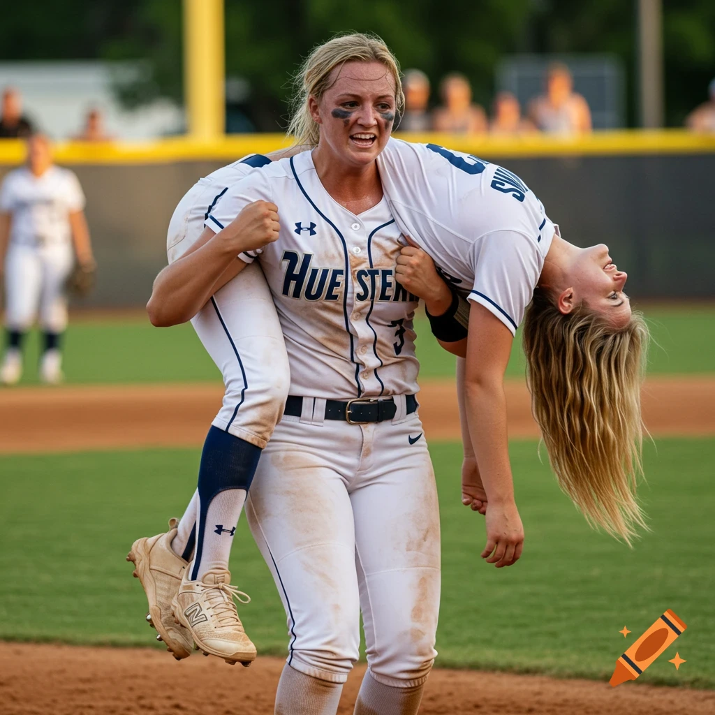 A blonde softball player with smudged eye black carries a smiling blonde teammate on her shoulders across a dirt field during a game.
