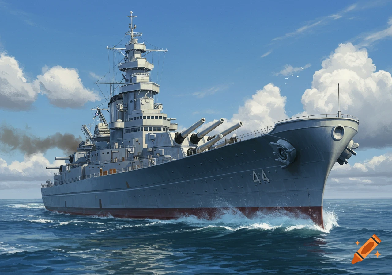 A large grey battleship, with multiple gun turrets, sails through calm blue waters under a partly cloudy sky. The number "44" is visible on its bow.