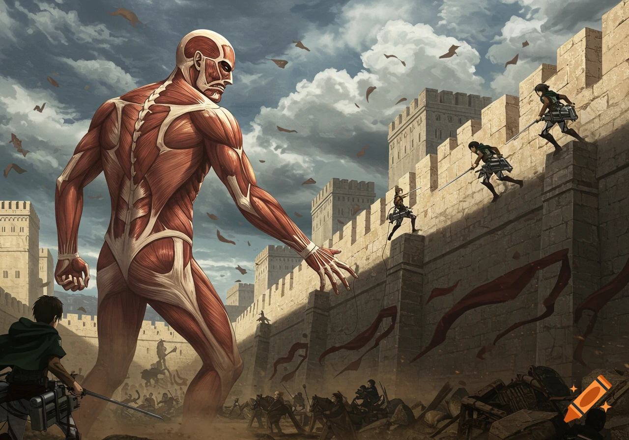 A massive, skinless titan looms over a stone wall as anime soldiers with swords fight it and other titans below, under a cloudy sky.