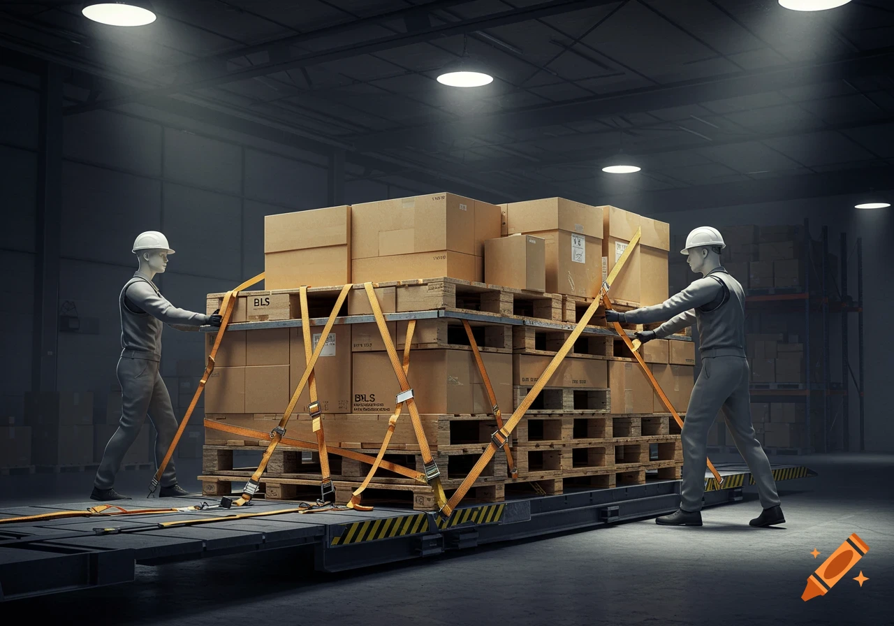 Two workers in hard hats securing a large stack of cardboard boxes on pallets with orange straps in a dimly lit warehouse.