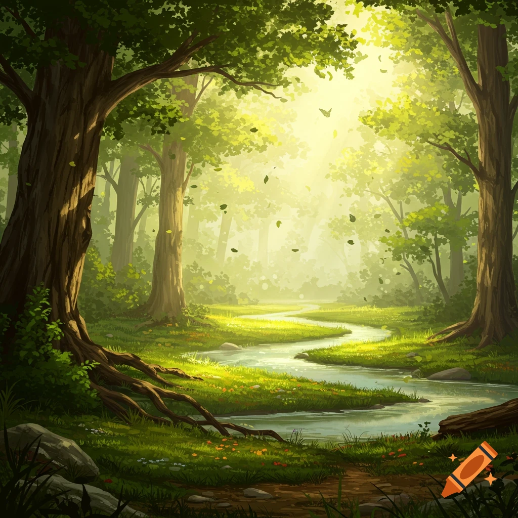 Vibrant, illustrative fantasy art of a sun-dappled forest with a winding stream and lush green trees.