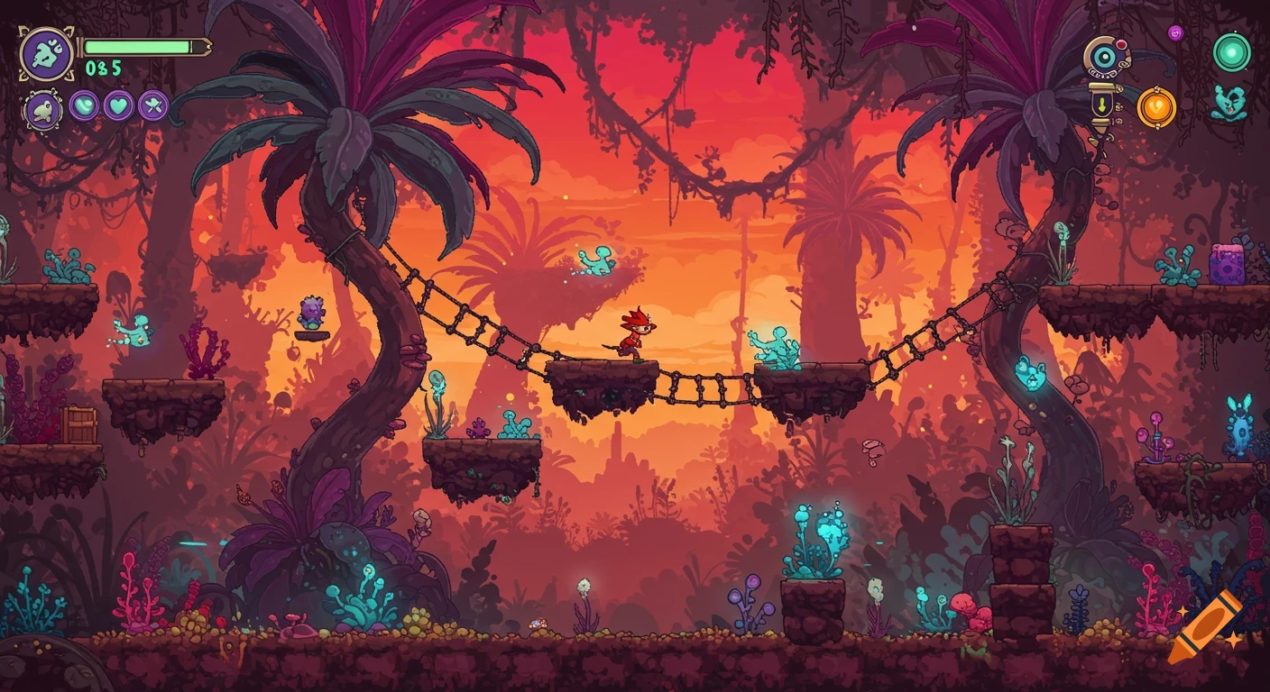 A vibrant 2D platformer game screenshot showing a fox-like character on a rope bridge in a colorful alien jungle.