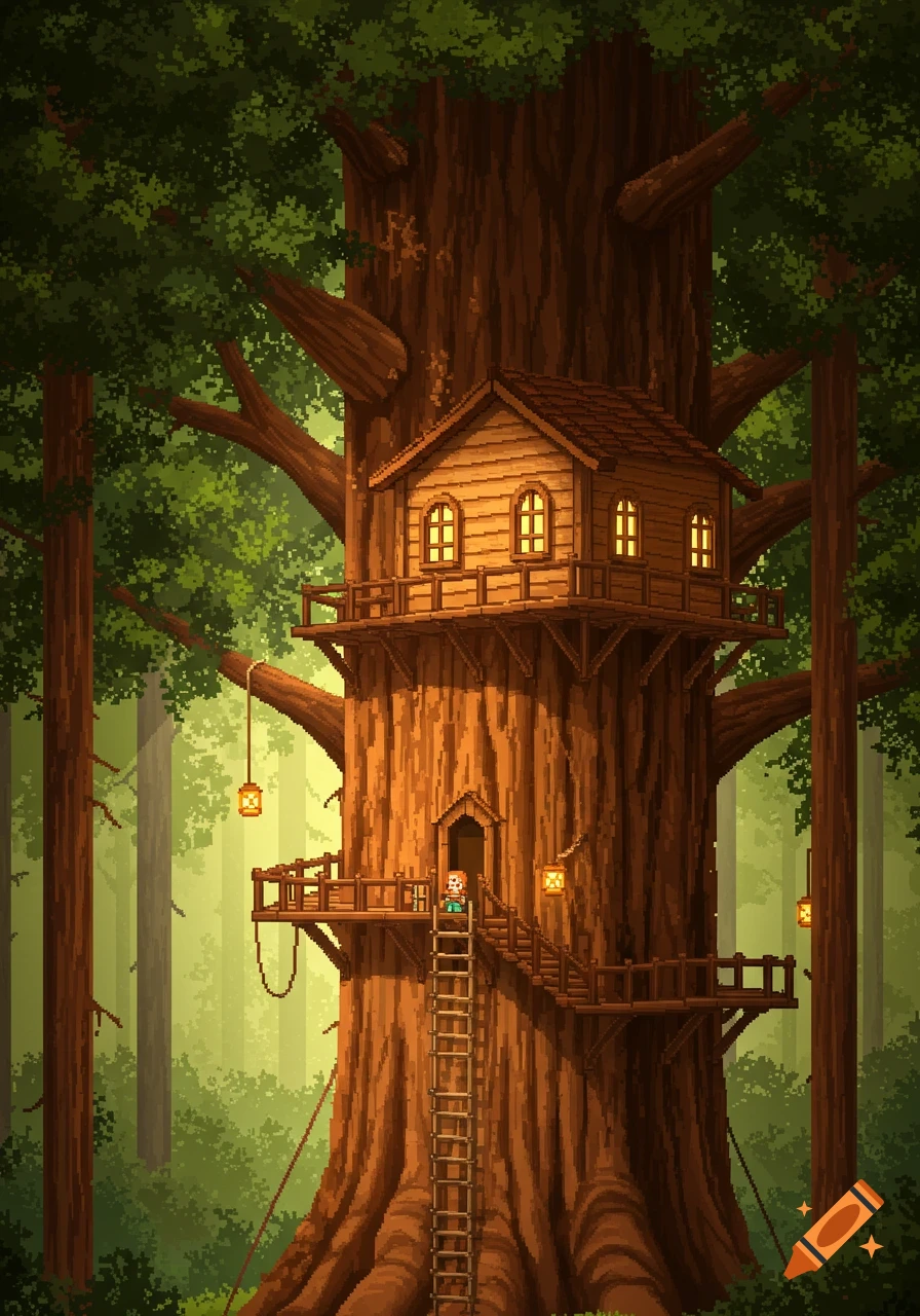 A detailed pixel art illustration of a cozy wooden treehouse built high on a massive redwood tree in a sunlit forest, with a small figure.