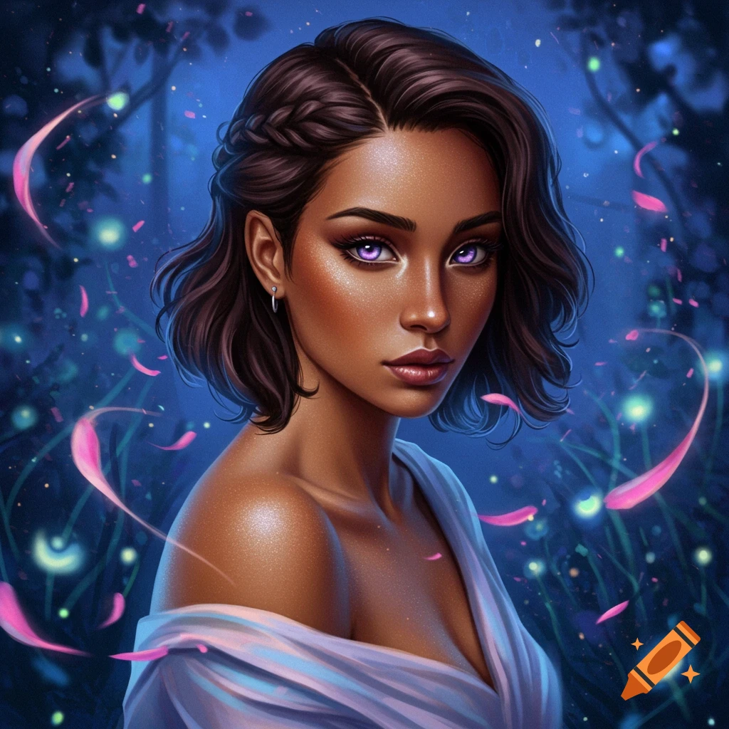 Digital painting of a young woman with dark hair, purple eyes, and glowing skin, in a magical forest with glowing lights and pink petals.