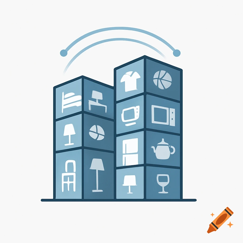 A stylized logo featuring two blue block towers with icons of household items like a bed, lamp, microwave, and teapot, connected by curved lines.