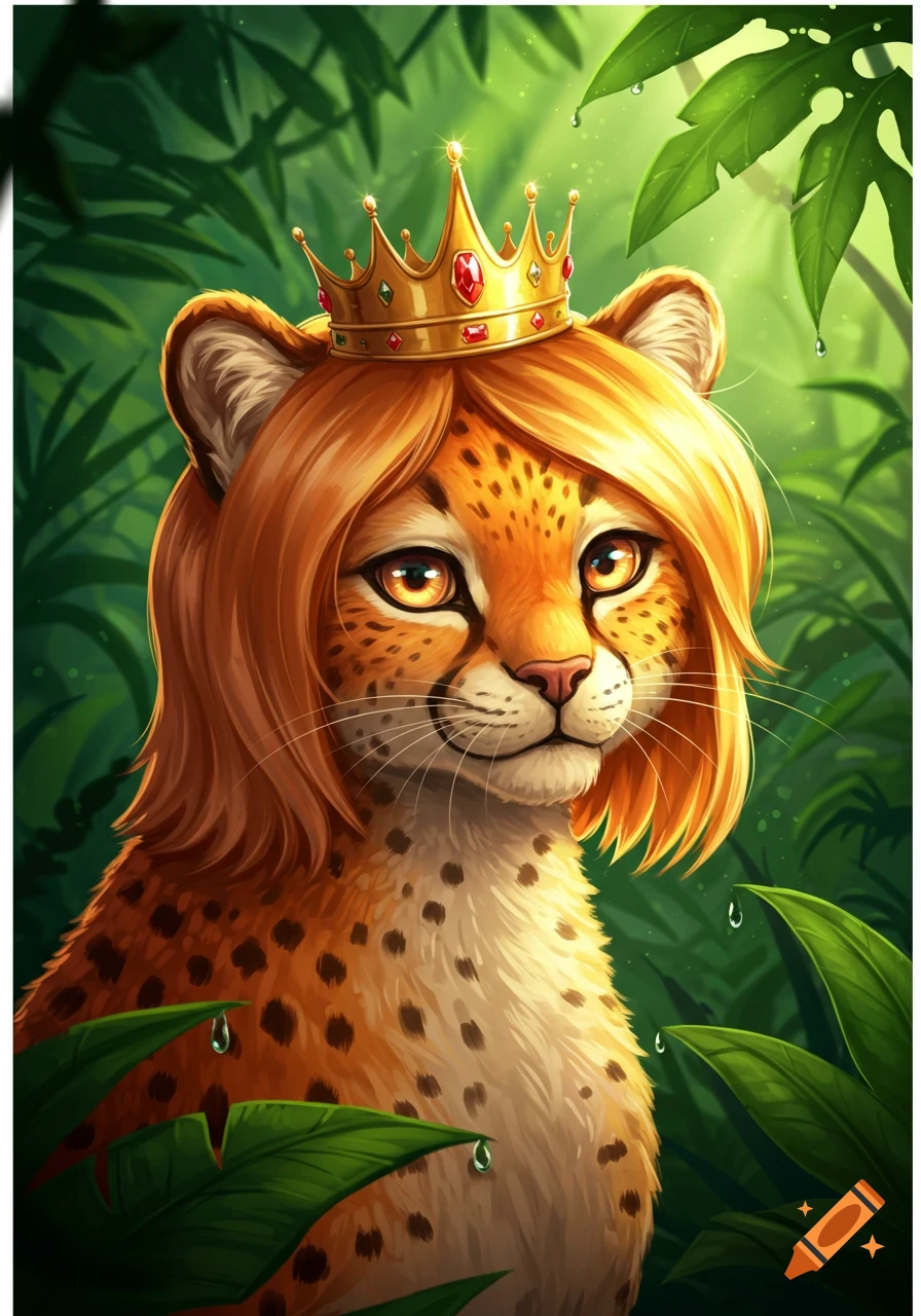 A cartoon cheetah with bright yellow hair and a golden crown sits in a vibrant jungle with green leaves and water droplets.