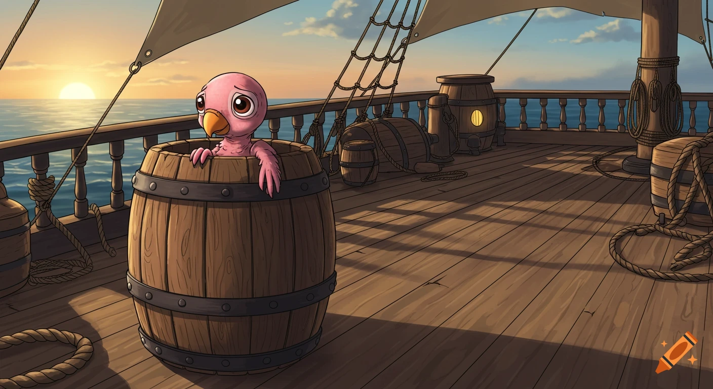 An embarrassed pink featherless bird peeks from a wooden barrel on a pirate ship at sunset, cartoon illustration.