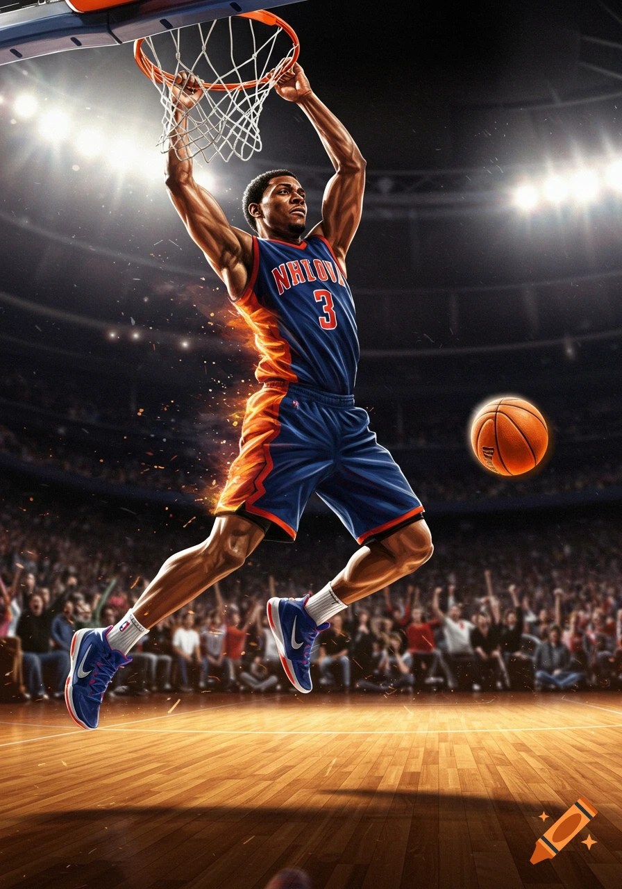 A male basketball player in a blue and orange jersey dunks a basketball in a stadium under bright lights, with a blurred crowd.