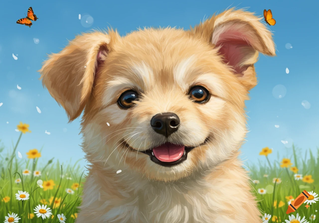 A fluffy, light brown puppy smiles brightly amidst green grass and yellow and white flowers under a clear blue sky with two orange butterflies.