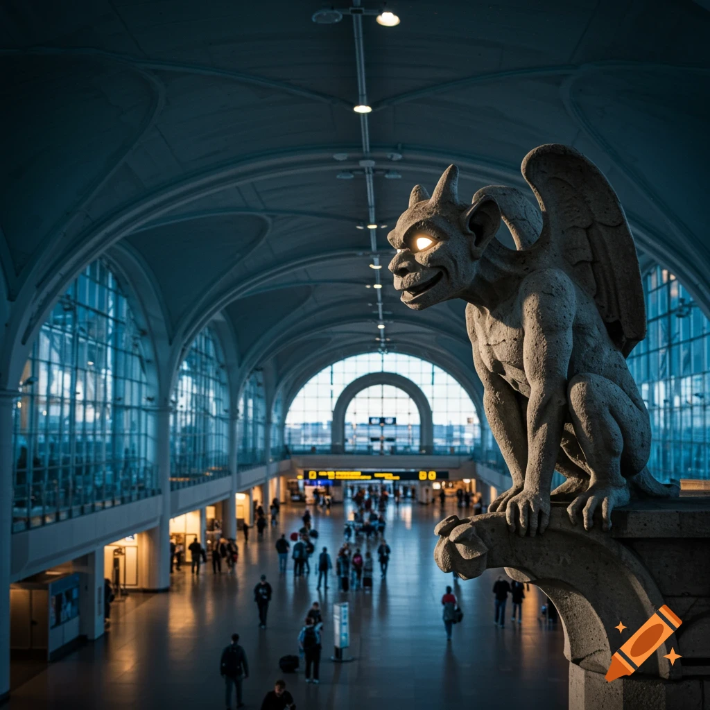 A stone gargoyle with glowing eyes overlooks a bustling modern airport terminal with a vaulted ceiling and large windows.