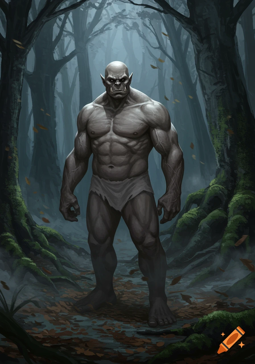 A muscular, bald, grey-skinned orc wearing a tattered white loincloth stands in a misty, dark forest. Digital painting.