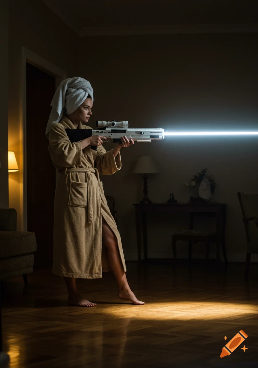 A woman in a bathrobe with a towel on her head holds a large futuristic rifle emitting a bright laser beam in a dimly lit room.