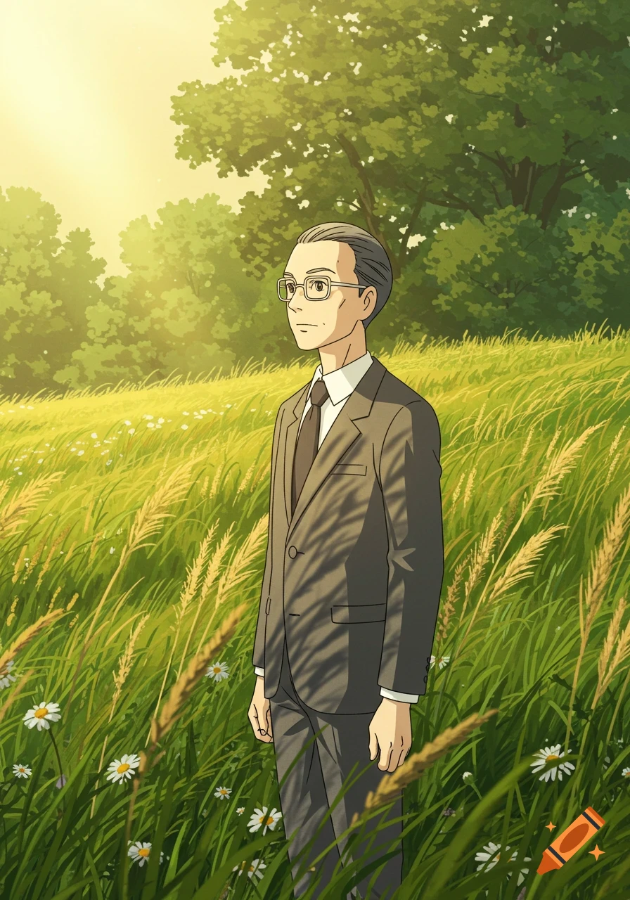 A man in a suit and glasses stands in a sunny Ghibli-style field of tall grass and daisies.