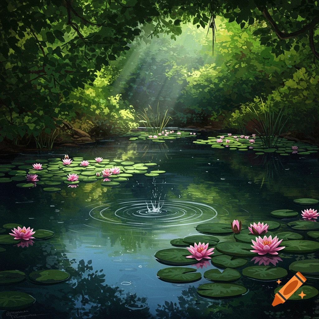 A serene, illustrative painting of a forest pond filled with pink water lilies and lily pads, with sunbeams filtering through the lush green canopy.