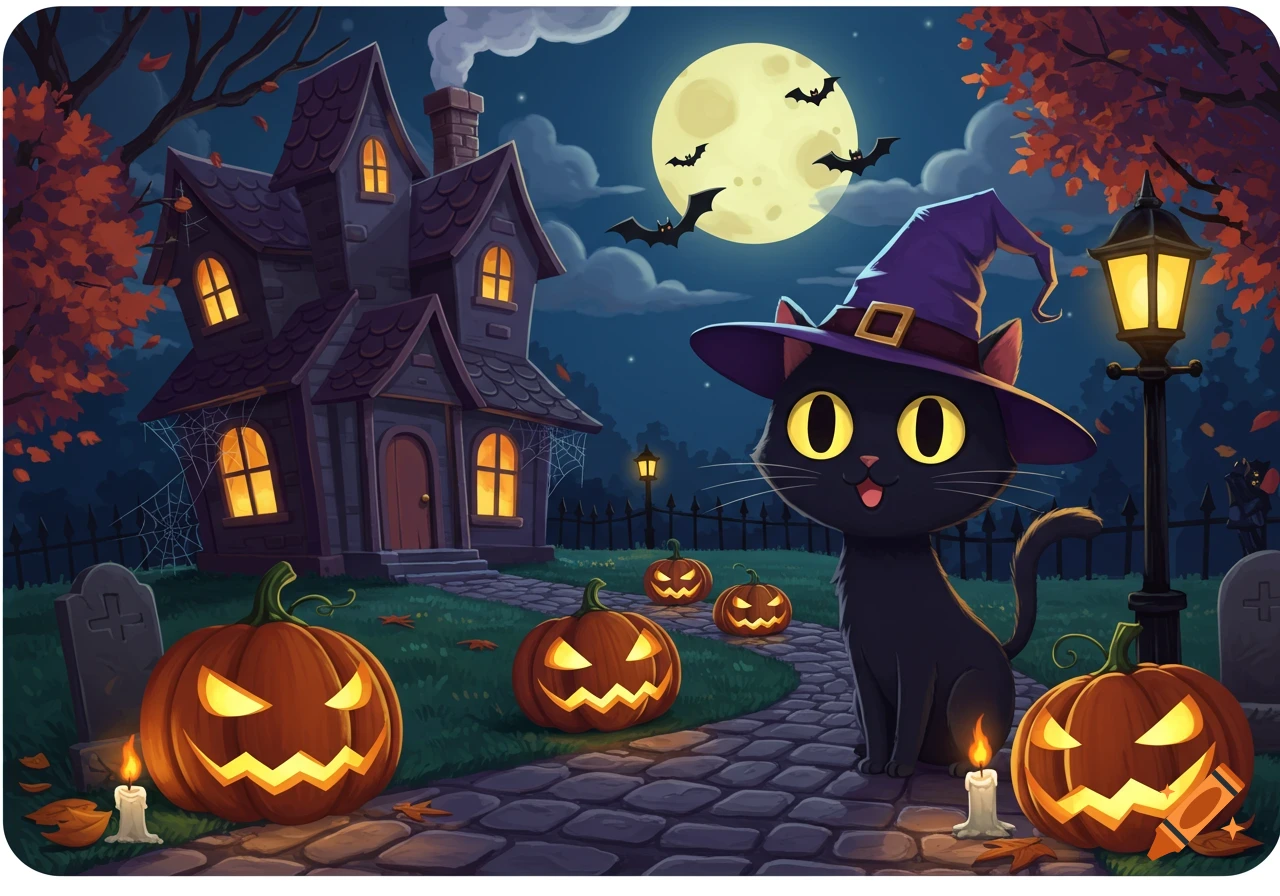 A cute black cat in a witch hat sits on a path by a haunted house with jack-o'-lanterns and bats under a full moon at night, in a cartoon style.