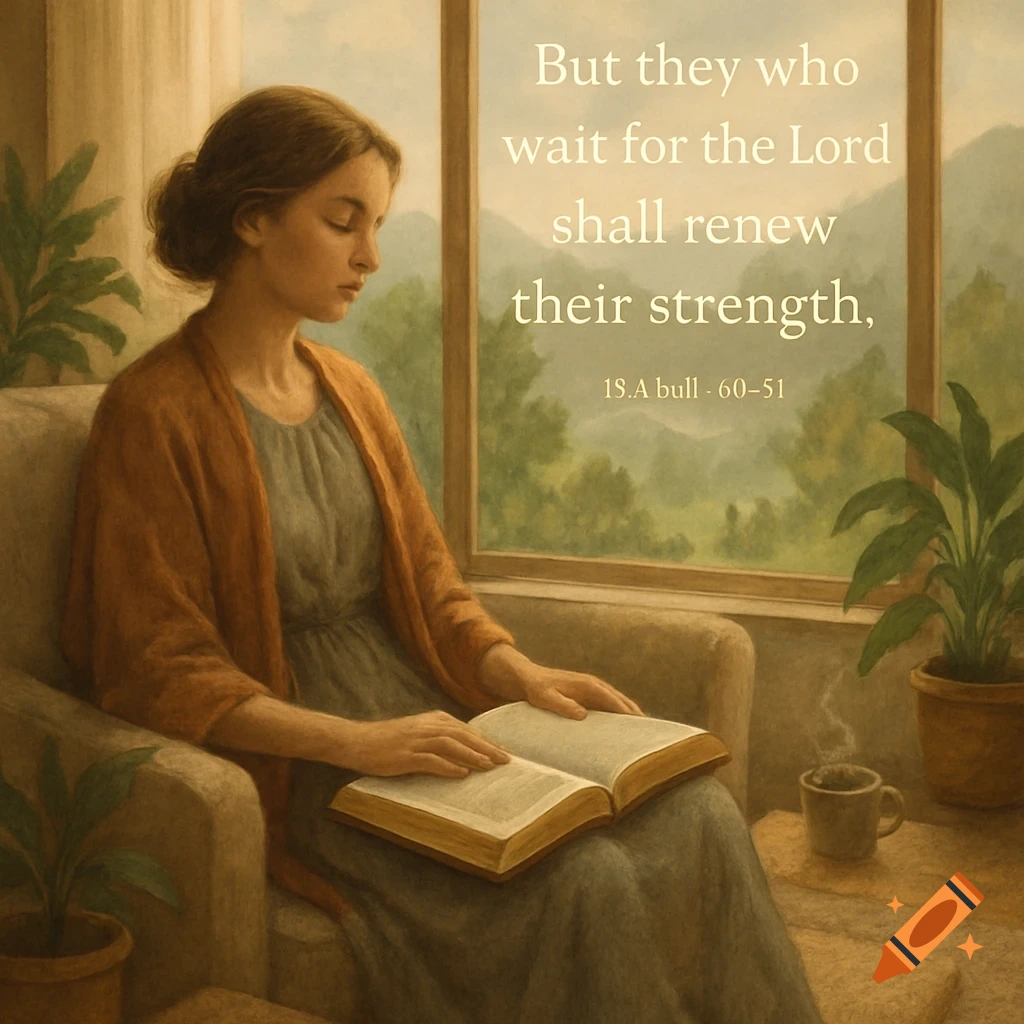 A woman reads a book by a window with a biblical verse, "But they who wait for the Lord shall renew their strength," painted on the glass. A cup of coffee and potted plants are nearby.