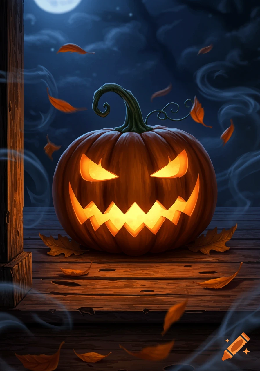 A glowing jack-o'-lantern with a scary carved face sits on a wooden porch on a dark, cloudy night under a full moon, with swirling smoke and falling autumn leaves.