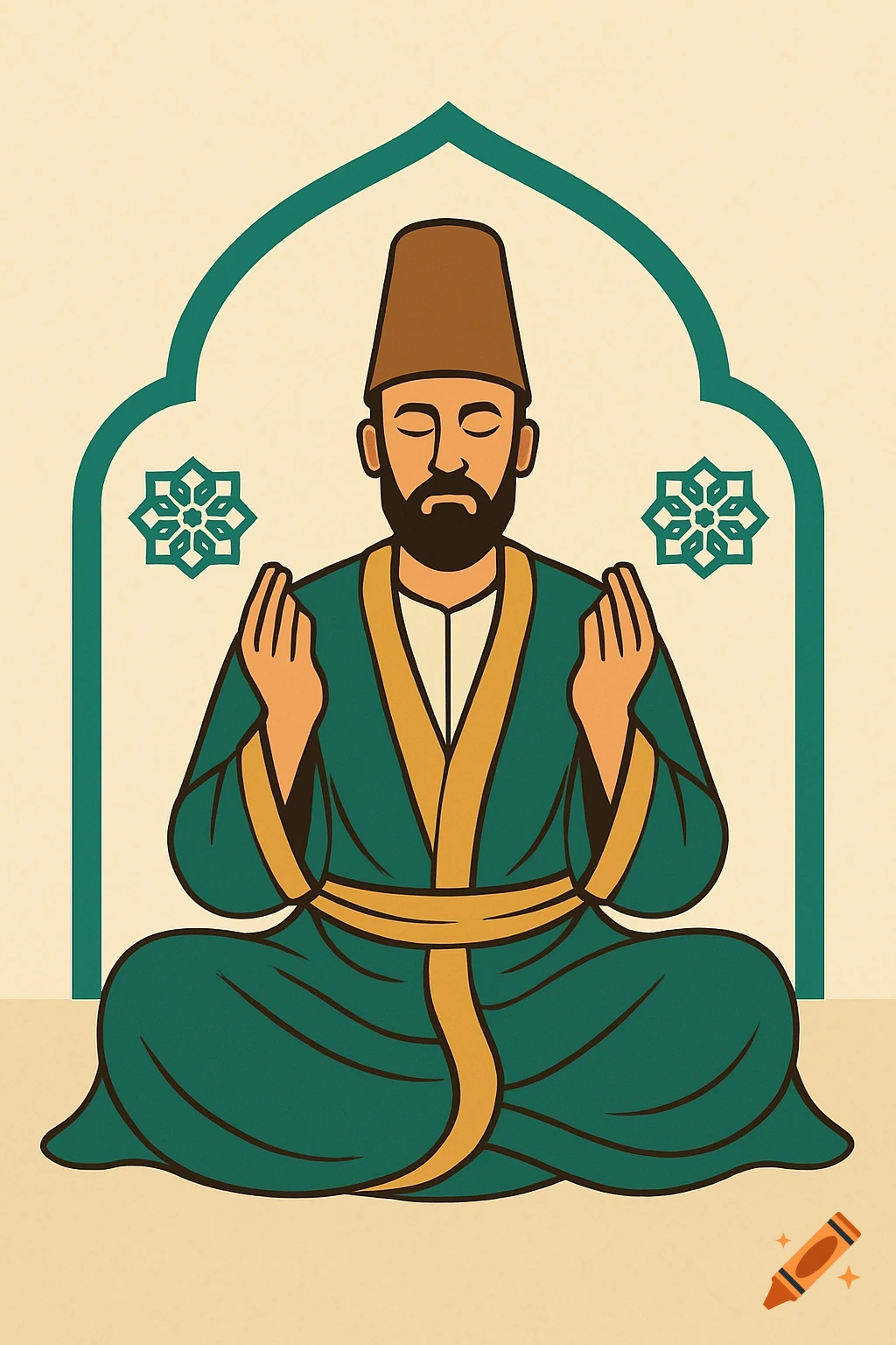 Stylized illustration of a bearded Sufi man in green robe and brown hat, meditating with raised hands, within an arched frame with patterns.