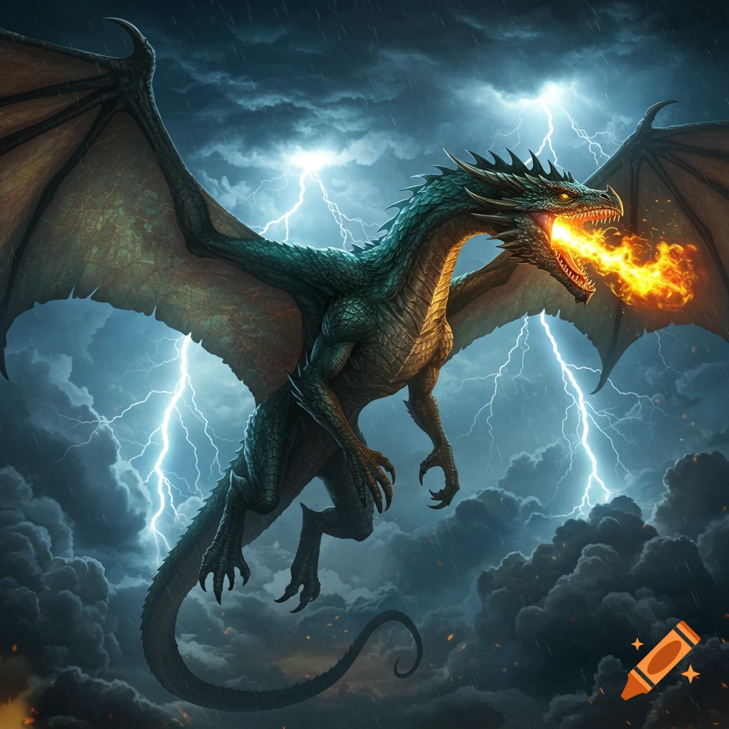 A majestic green dragon with large wings breathes fire, flying through a stormy sky filled with lightning.