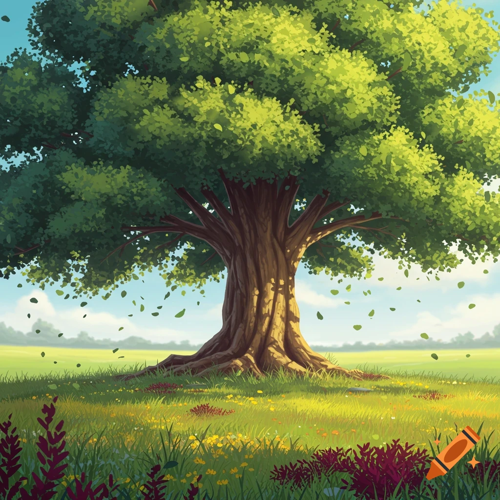 Vibrant illustration of a large green tree with falling leaves in a sunny meadow with wildflowers.