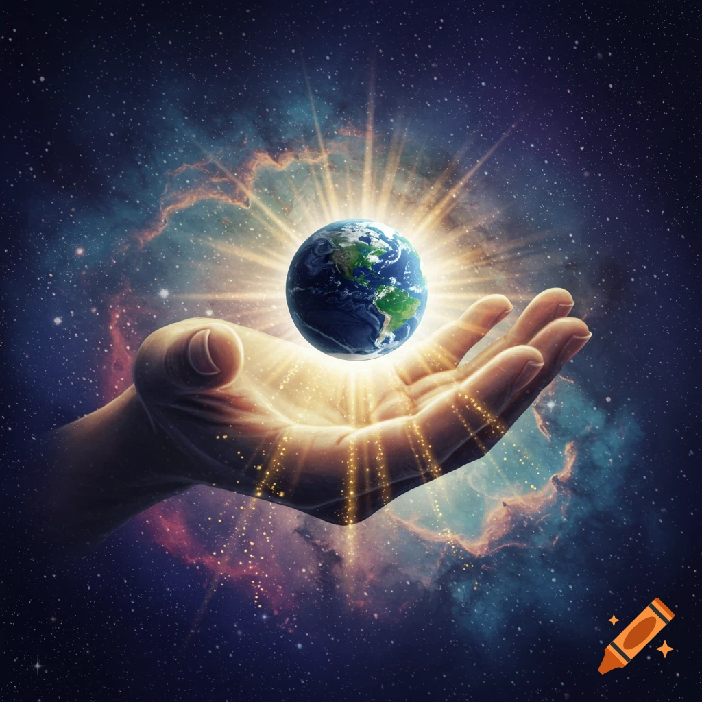 A human hand gently cradling a glowing Earth in a starry galaxy with nebulae, radiating golden light.
