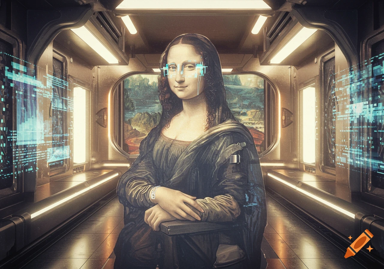Mona Lisa in a futuristic, metallic corridor, with blue digital data projected over her face and the surrounding walls.
