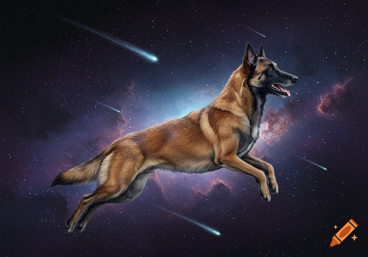 A Belgian Malinois dog leaps gracefully through a cosmic, star-filled deep space, with vibrant nebulae and streaking meteors.