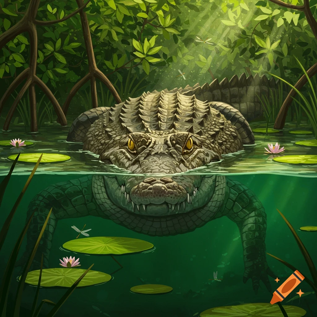 An illustrative close-up of a crocodile with its head above water and body below, surrounded by lily pads and mangrove roots.