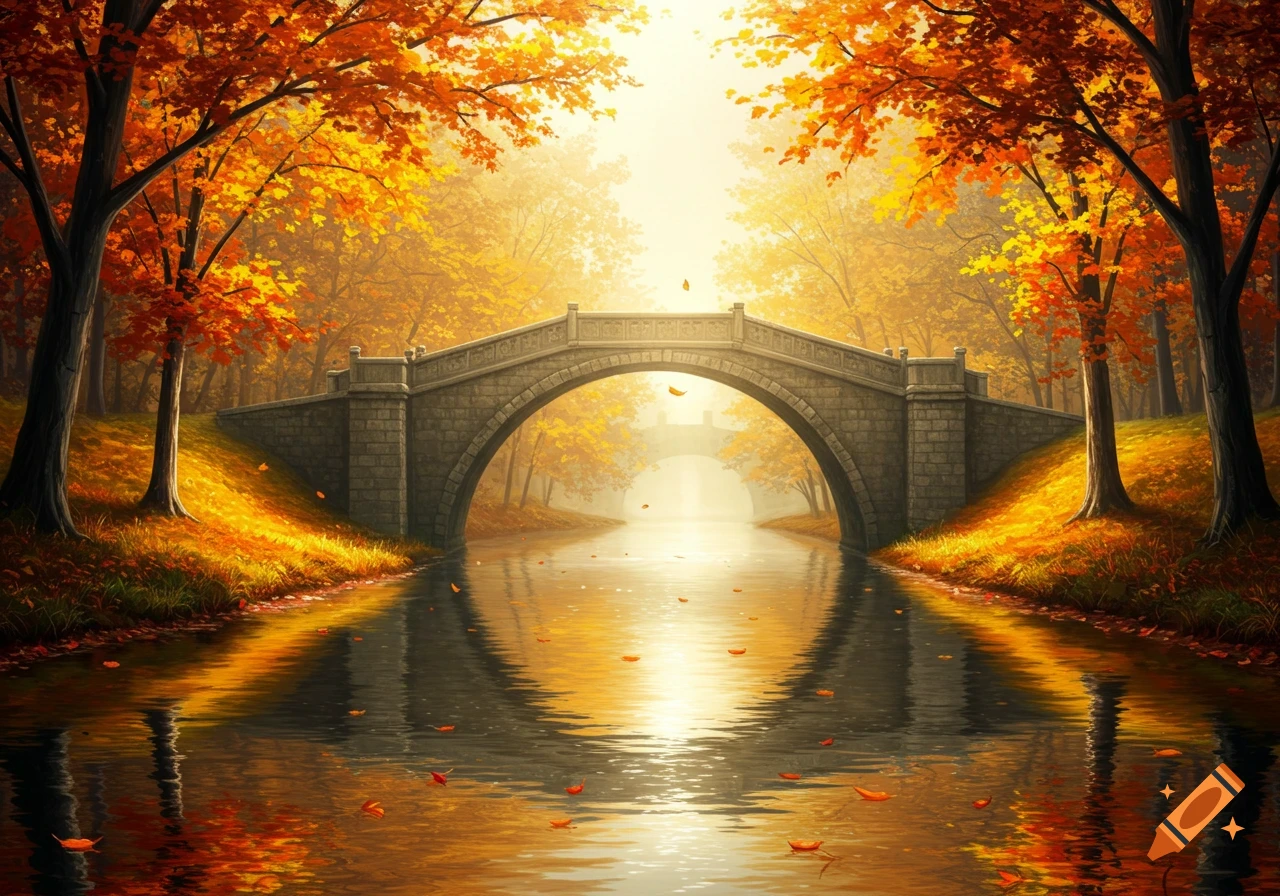 A stone bridge arches over a river, surrounded by vibrant orange and yellow autumn trees, with reflections in the water.