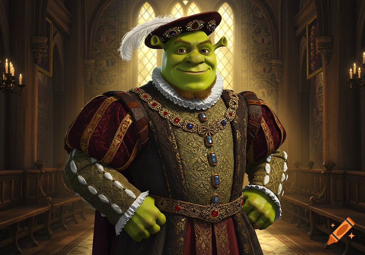 Shrek smiling, dressed as a regal Henry VIII in an ornate, feathered hat and richly embroidered period clothing, standing in a grand hall.