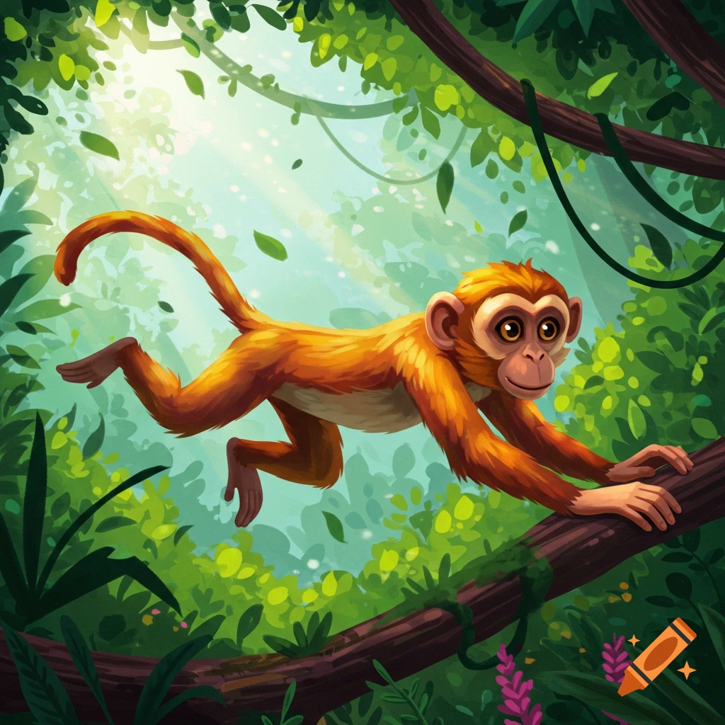A bright orange cartoon monkey with large eyes swings through a vibrant green jungle, bathed in sunlight.